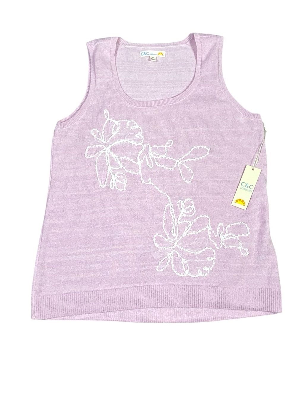 C&C California Sleeveless Knit Tank Top Women's M Pink Floral Embroidered NWT